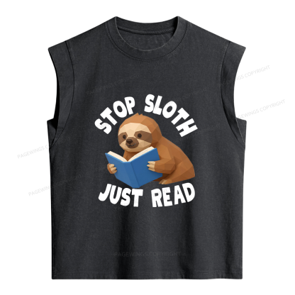 Pagewings Stop Sloth Just Read Women's Washed Tank Top