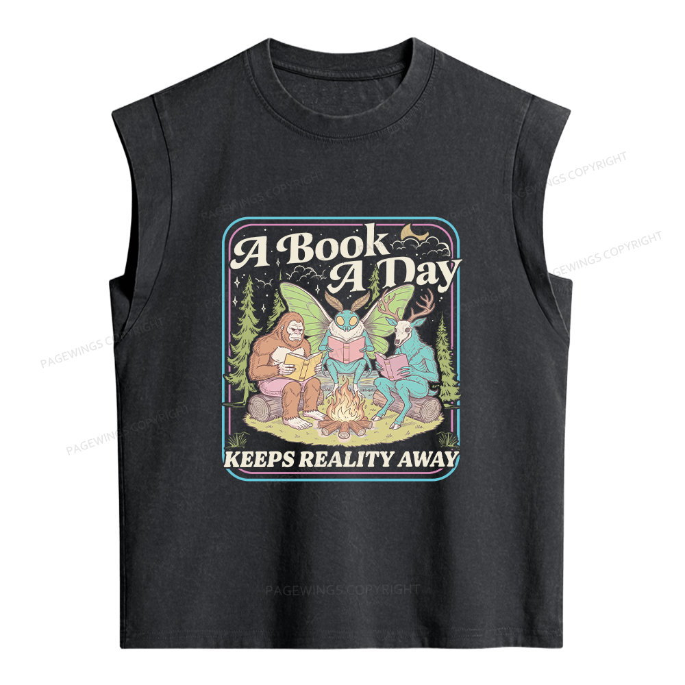 Pagewings A Book A Day Keeps Reality Away Women's Washed Tank Top