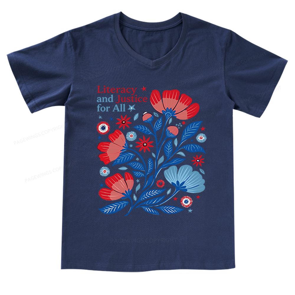 Pagewings Literacy and Justice for All V-neck T-shirt
