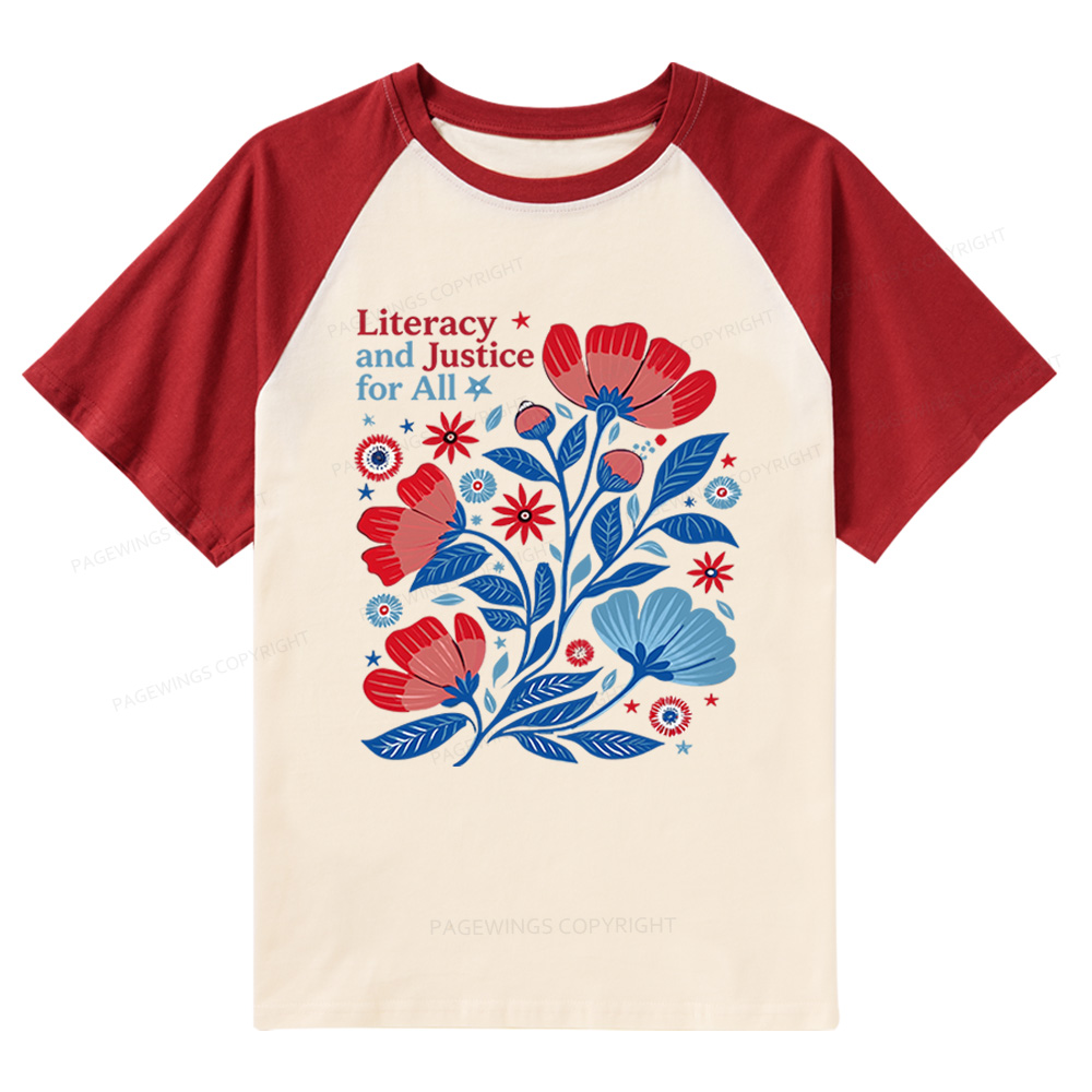 Pagewings Literacy and Justice for All Raglan T-shirt
