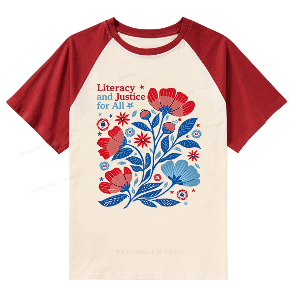 Pagewings Literacy and Justice for All Raglan T-shirt