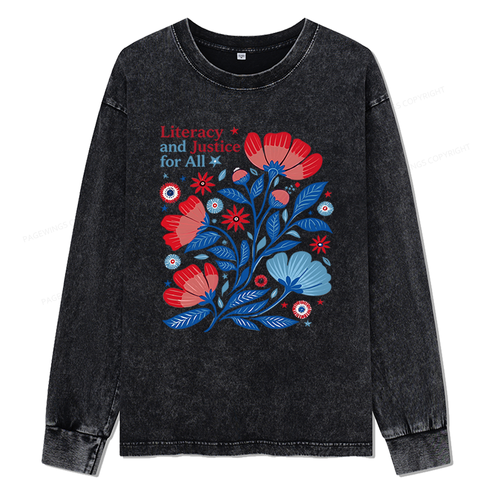 Pagewings Literacy and Justice for All Unisex Washed Long Sleeve T-shirt