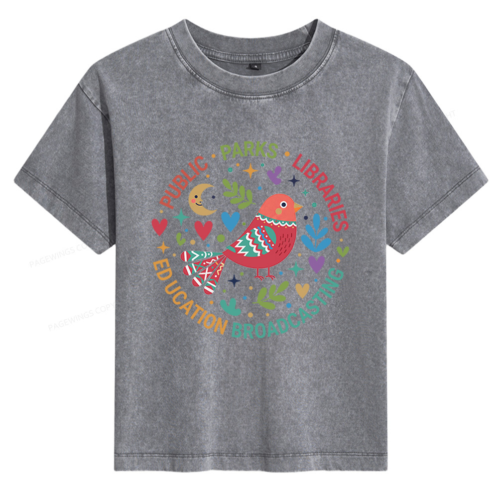 Pagewings Public Parks Libraries Education Broadcasting Women's Washed T-shirt