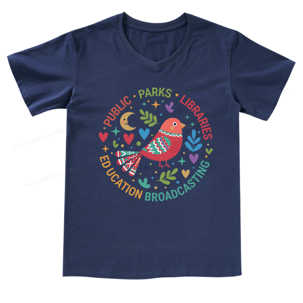 Pagewings Public Parks Libraries Education Broadcasting V-neck T-shirt