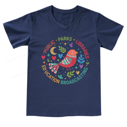 Pagewings Public Parks Libraries Education Broadcasting V-neck T-shirt
