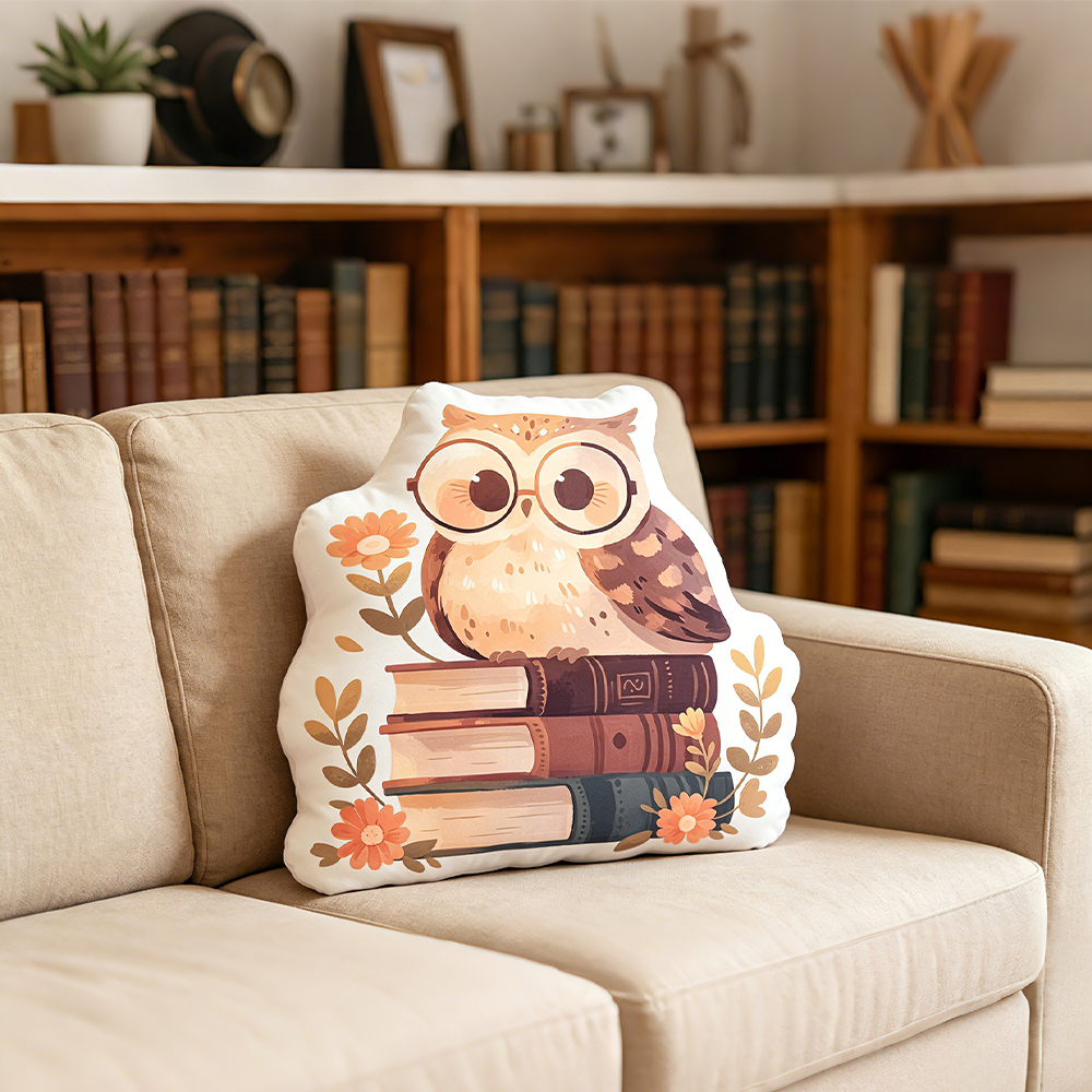 Pagewings Cute Owl on Books Shaped Throw Pillow