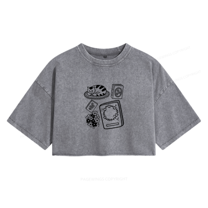 Pagewings Cat And Books Women's Washed Cropped T-shirt