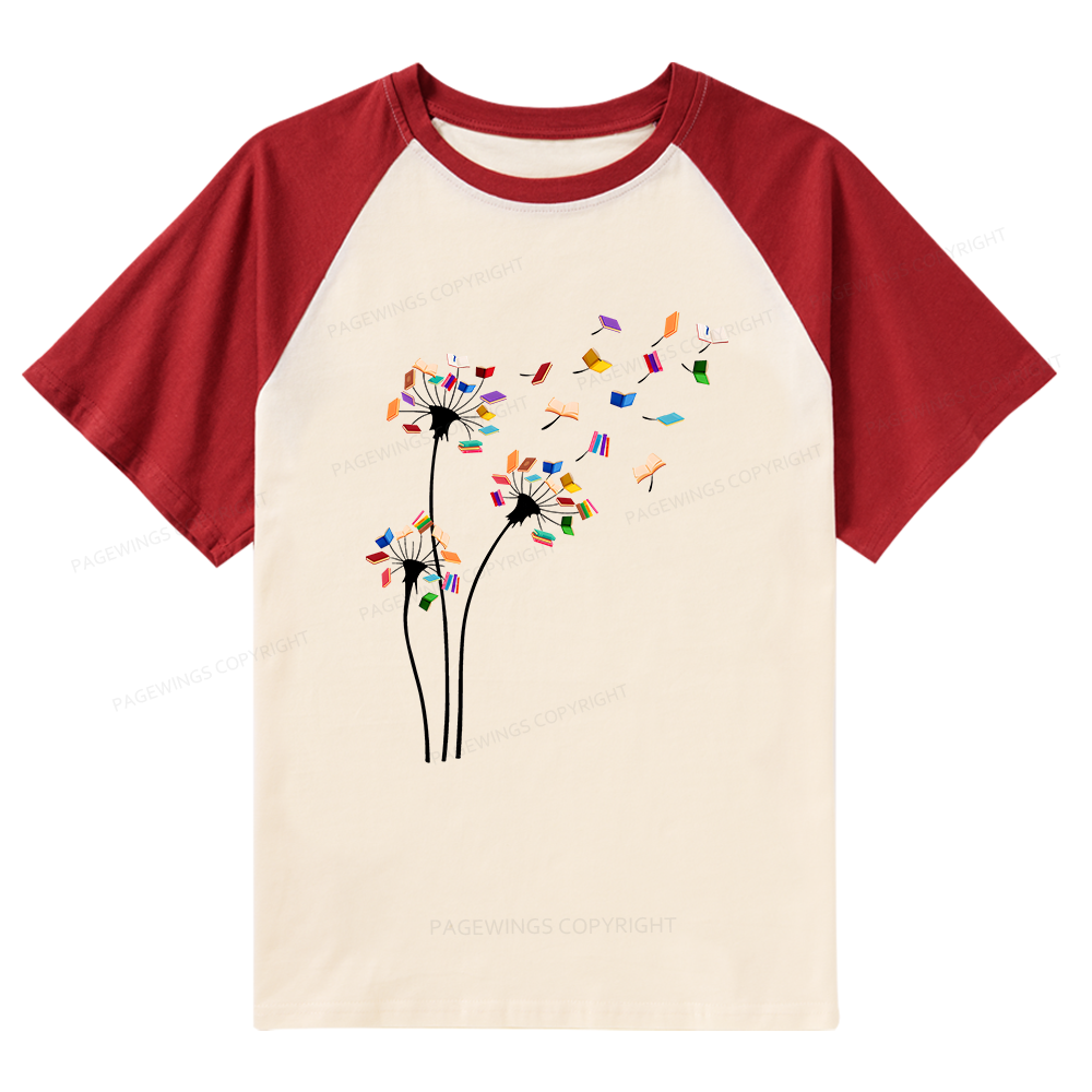 Pagewings Cute Dandelion Books Flower Fly Raglan T-shirt