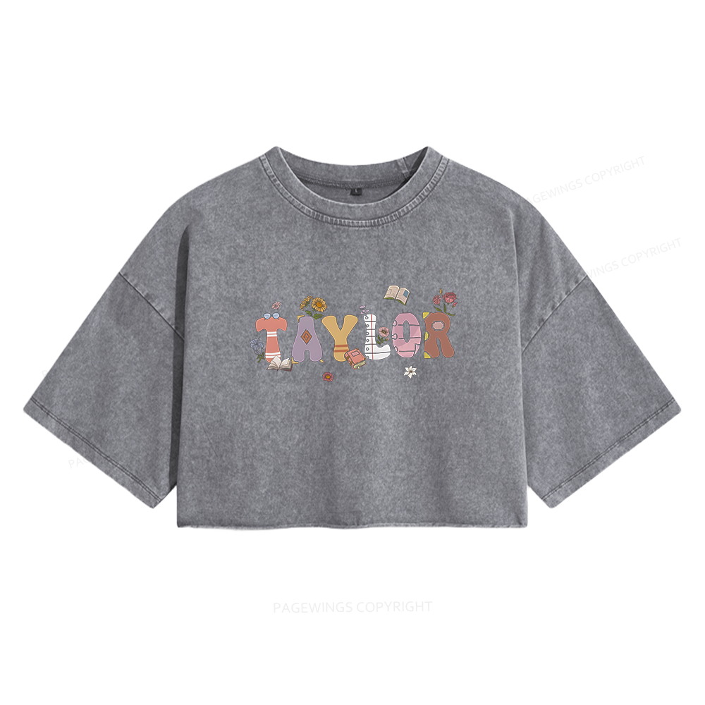 Pagewings Personalized Name Bookworm Women's Washed Cropped T-shirt