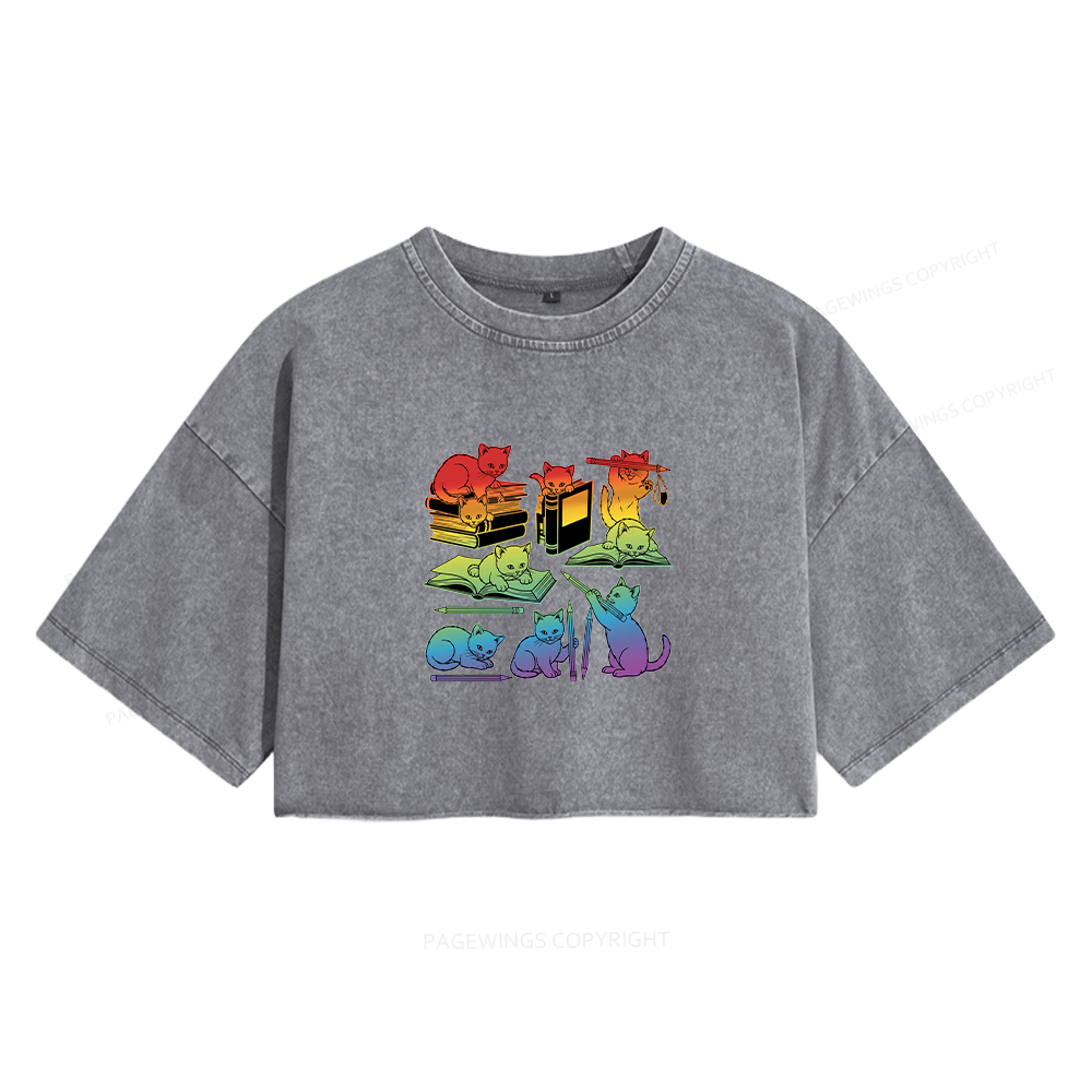 Pagewings Rainbow Cats Women's Washed Cropped T-shirt