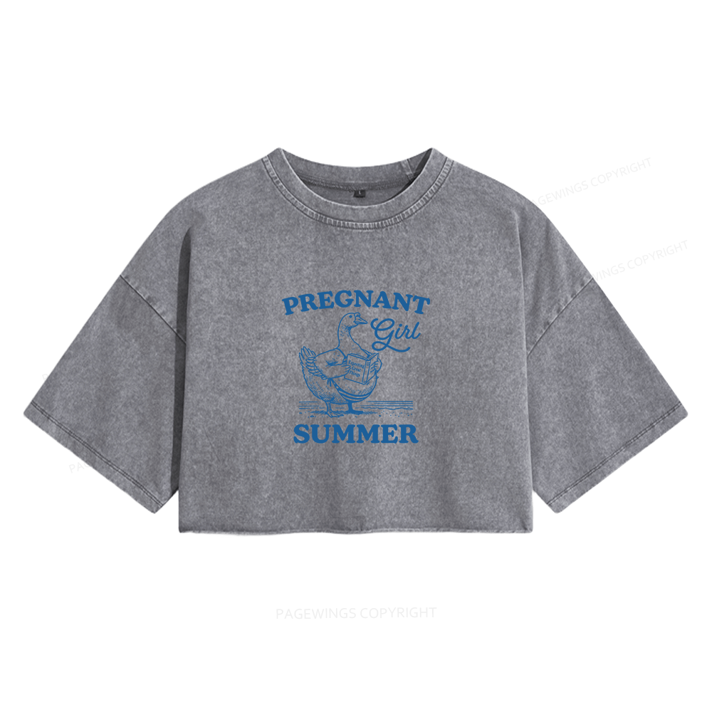 Pagewings Pregnant Girl Summer Women's Washed Cropped T-shirt
