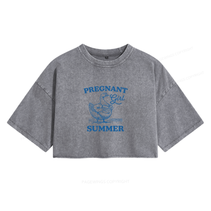 Pagewings Pregnant Girl Summer Women's Washed Cropped T-shirt
