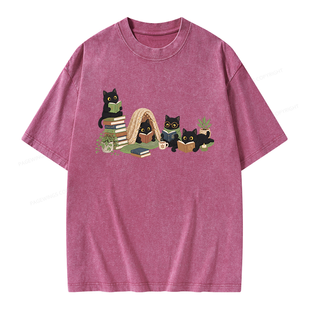 Pagewings Black Cat Reading Unisex Washed T-shirt
