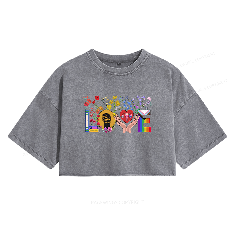 Pagewings Floral Love Human Rights Women's Washed Cropped T-shirt