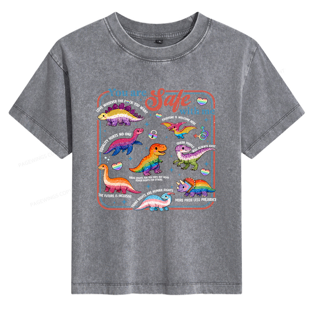 Pagewings Dinosaur Rainbow Women's Washed T-shirt