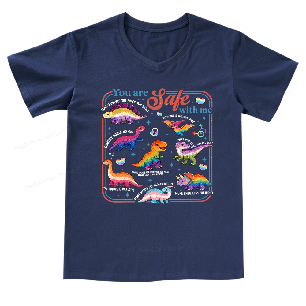 Pagewings Dinosaur Rainbow V-neck T-shirt