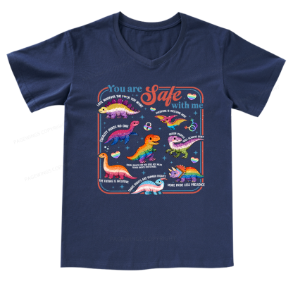 Pagewings Dinosaur Rainbow V-neck T-shirt