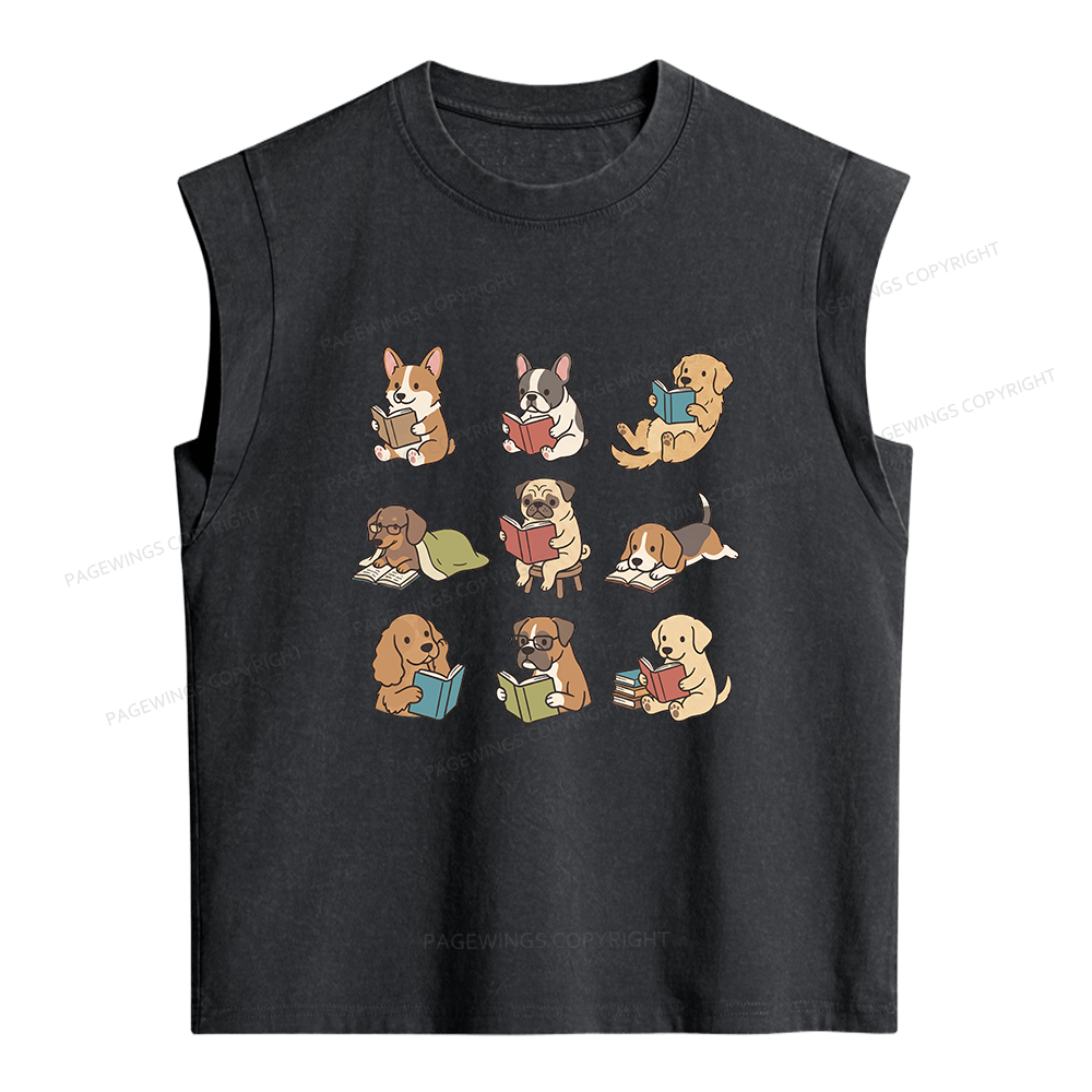 Pagewings Funny Dog Reading Women's Washed Tank Top