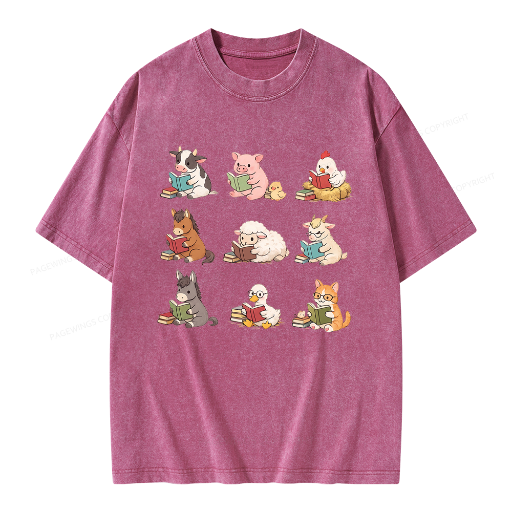 Pagewing Farm Animals Reading Unisex Washed T-shirt