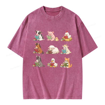 Pagewing Farm Animals Reading Unisex Washed T-shirt