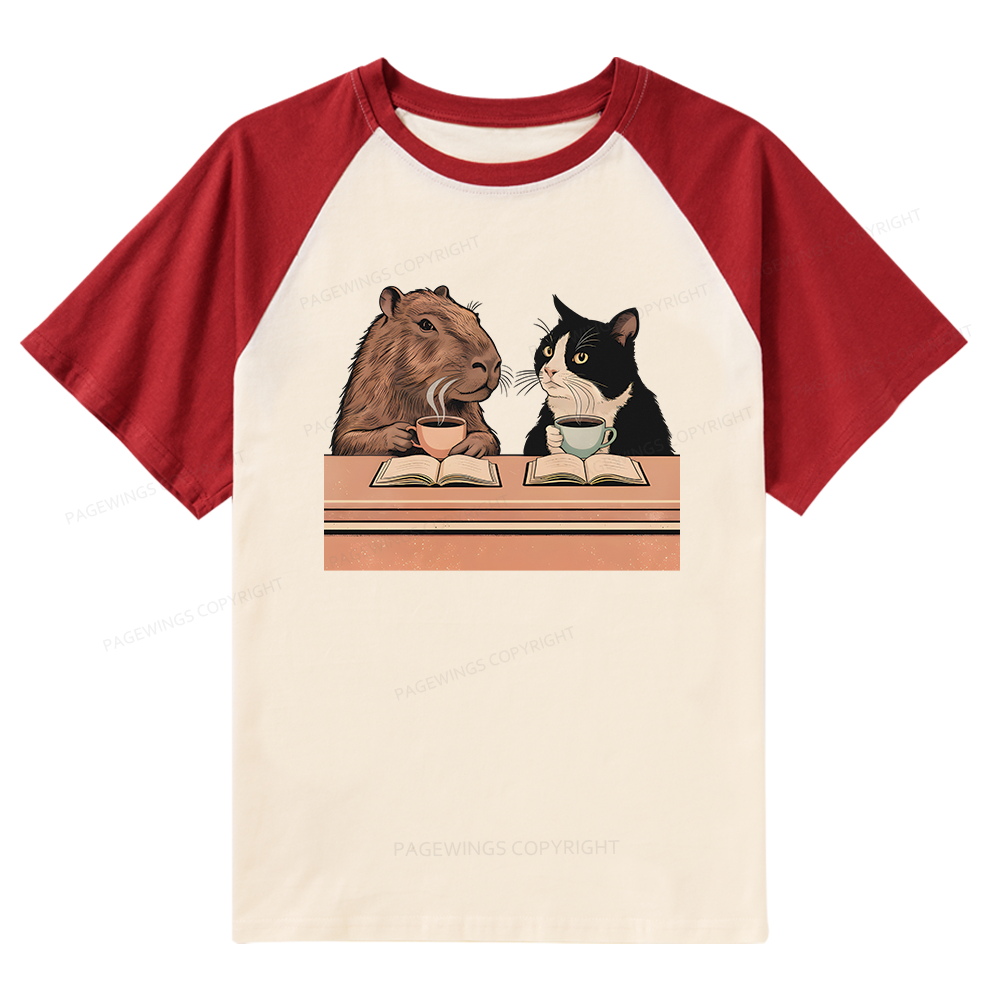 Pagewings Capybara and Tuxedo Cat 11180 Bookish Raglan T-shirt