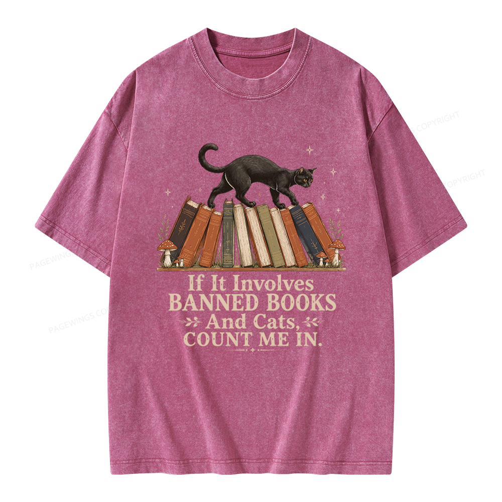 Pagewing Cat Read Banned Books Unisex Washed T-shirt