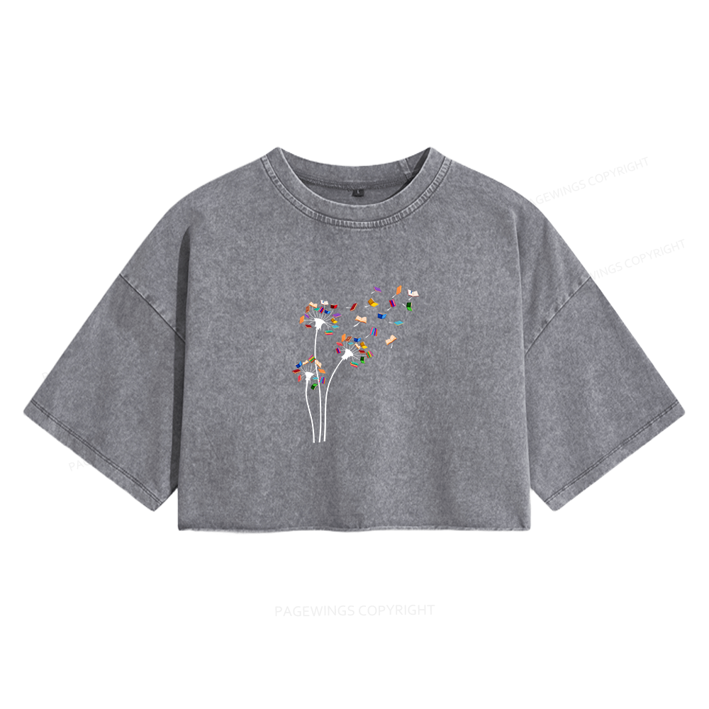 Pagewings Cute Dandelion Books Flower Fly Reading Fan Club Women's Washed Cropped T-shirt