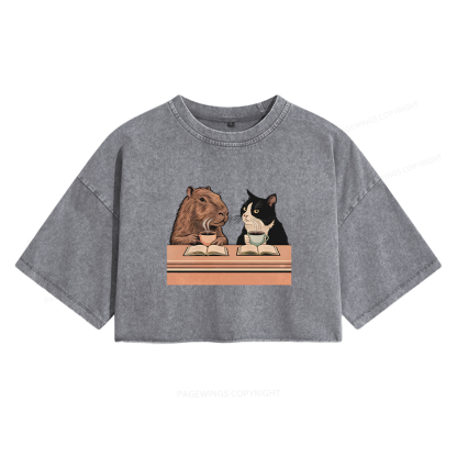 Pagewings Capybara and Tuxedo Cat Women's Washed Cropped T-shirt