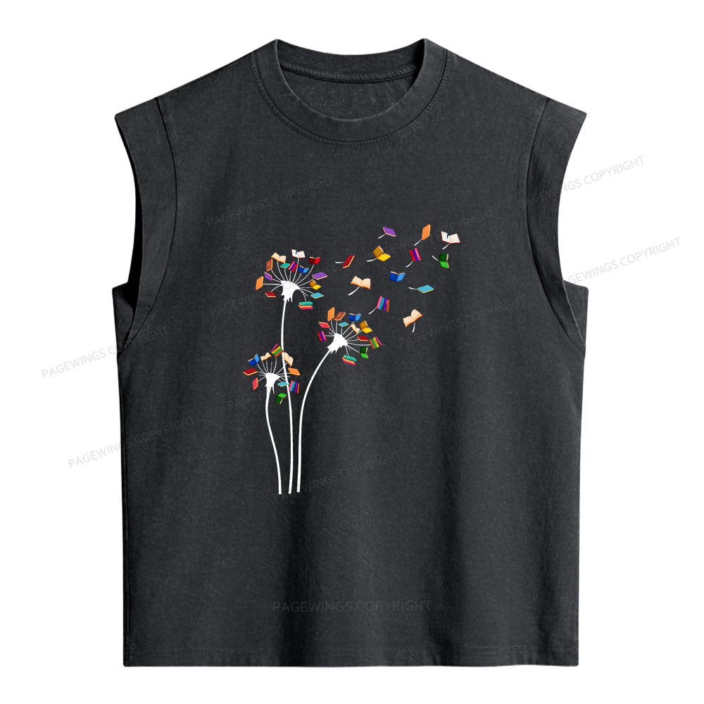 Pagewings Cute Dandelion Books Flower Fly 10035 Bookish Women's Washed Tank Top