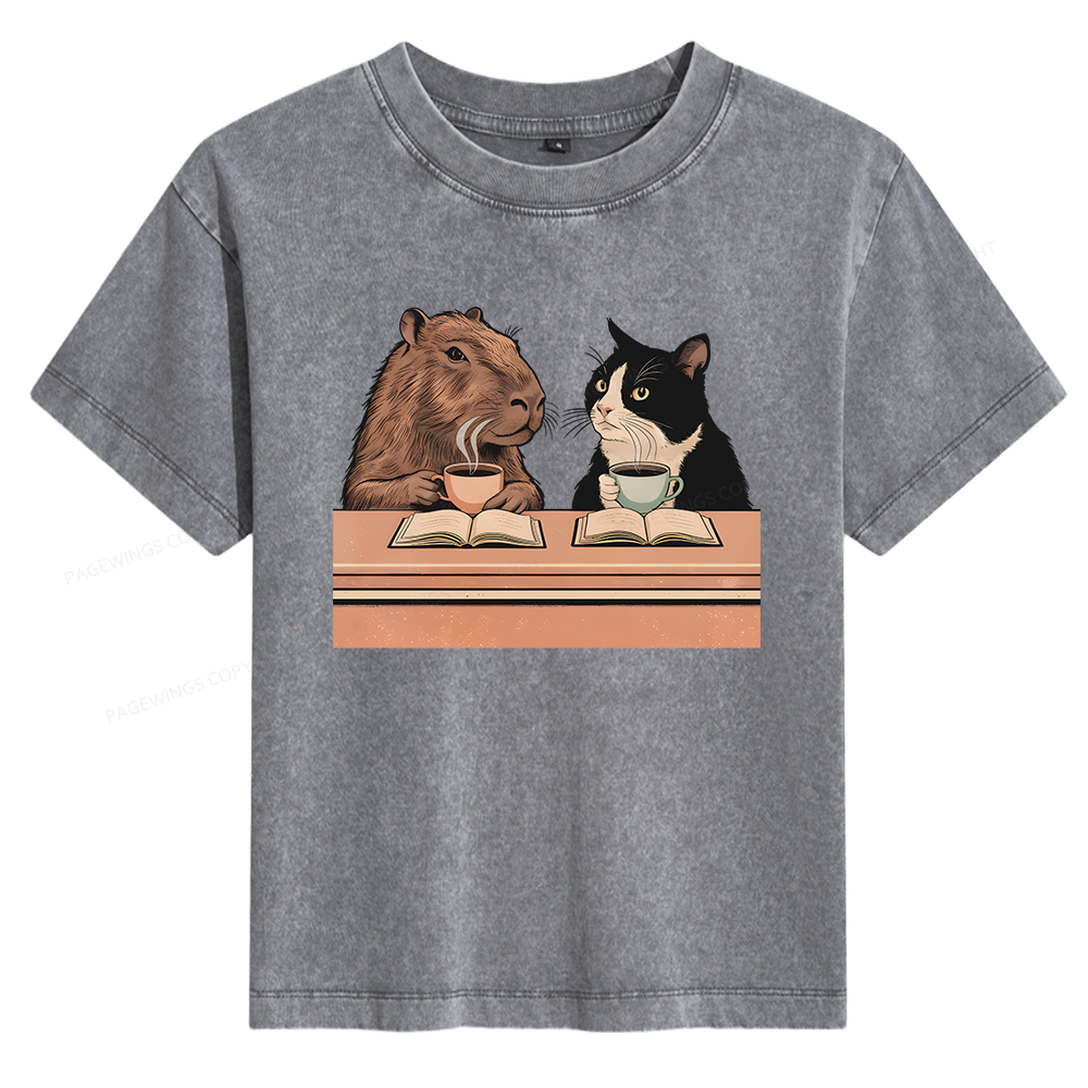 Pagewings Capybara and Tuxedo Cat Chilling with Coffee 11180 Bookish Women's Washed T-shirt