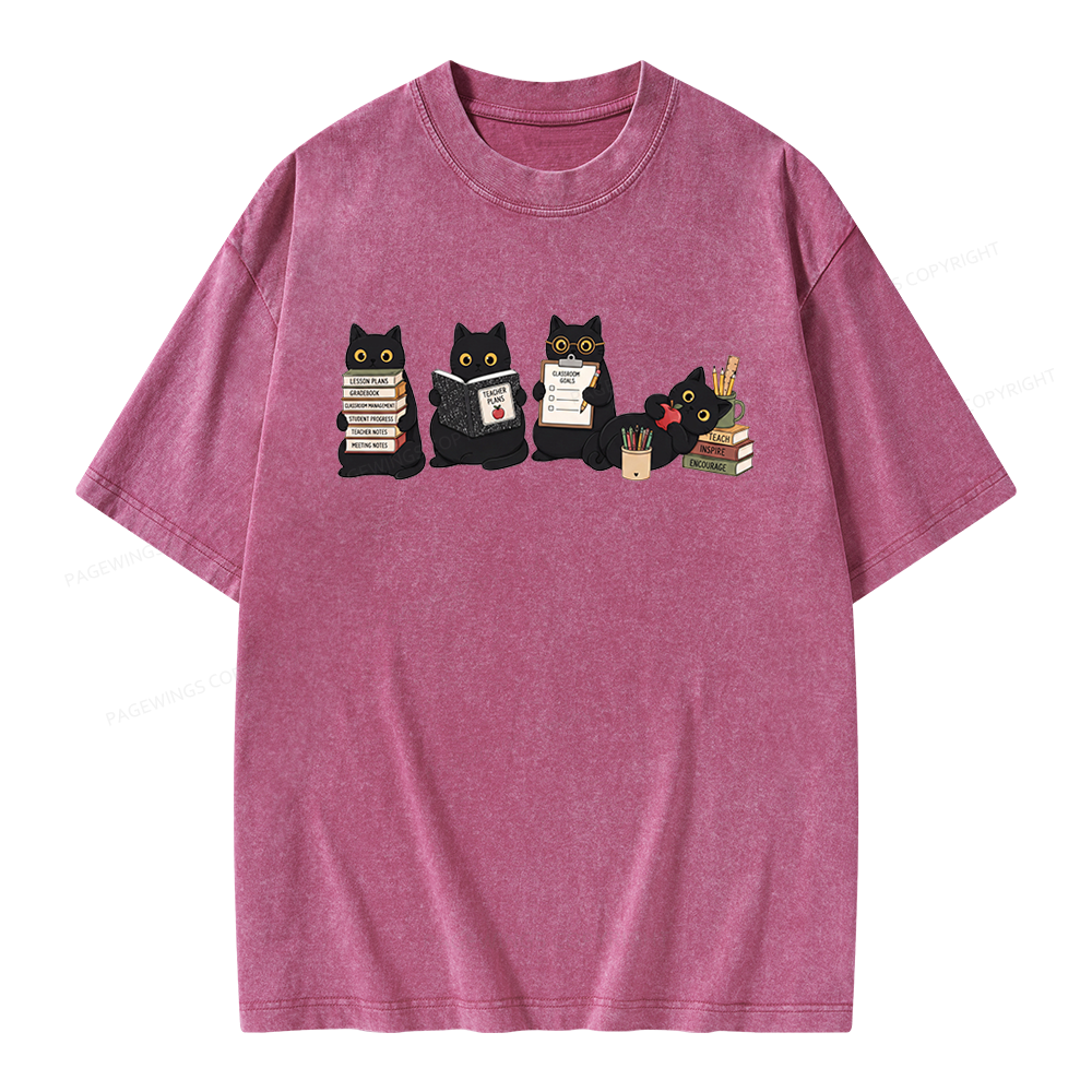 Pagewings Black Cat Teacher Unisex Washed T-shirt