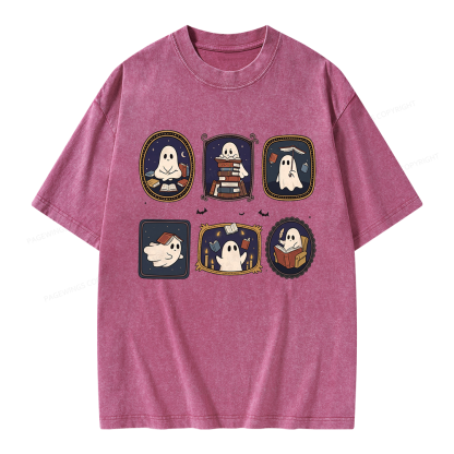Pagewings Ghost Reading Book Unisex Washed T-shirt