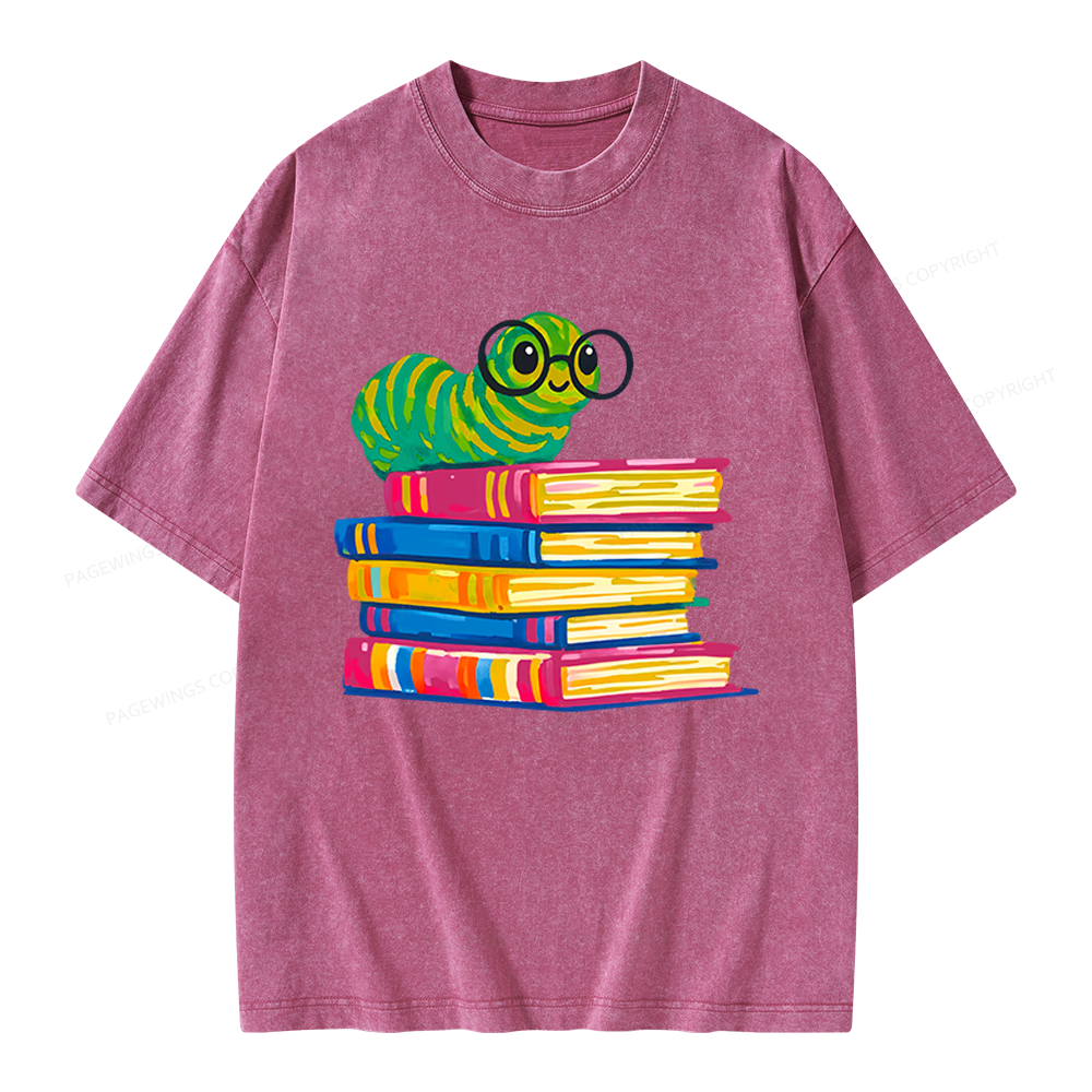 Pagewings Cute Reading Worm Unisex Washed T-shirt