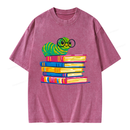 Pagewings Cute Reading Worm Unisex Washed T-shirt