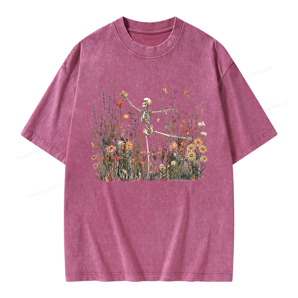 Pagewings Skeleton Reading Unisex Washed T-shirt