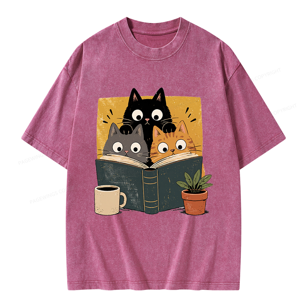 Pagewings Retro Curious Reading Cats Unisex Washed T-shirt