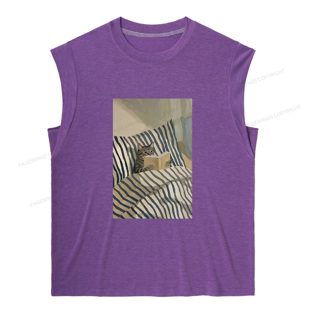Pagewings Cat Reading Book In Bed 15459 Bookish Women's Heather Tank Top