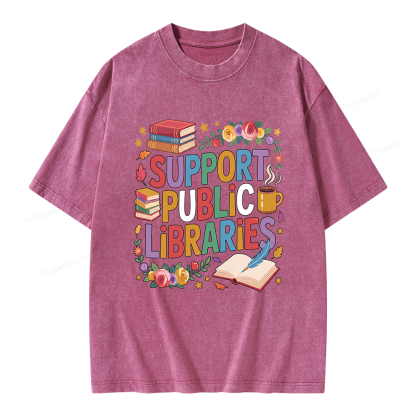 Pagewings Support Public Libraries Unisex Washed T-shirt