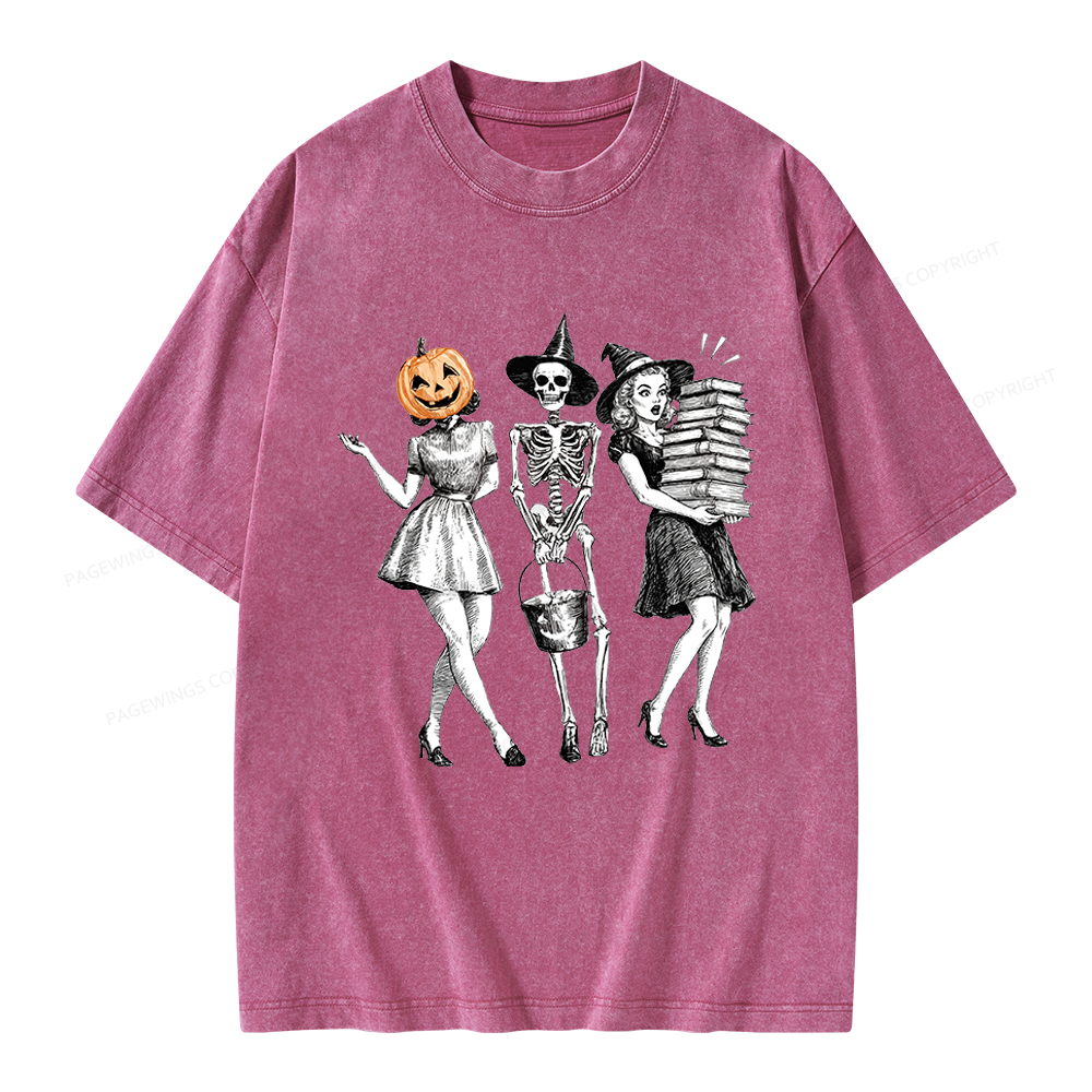 Pagewings Spooky Books Girl Unisex Washed T-shirt
