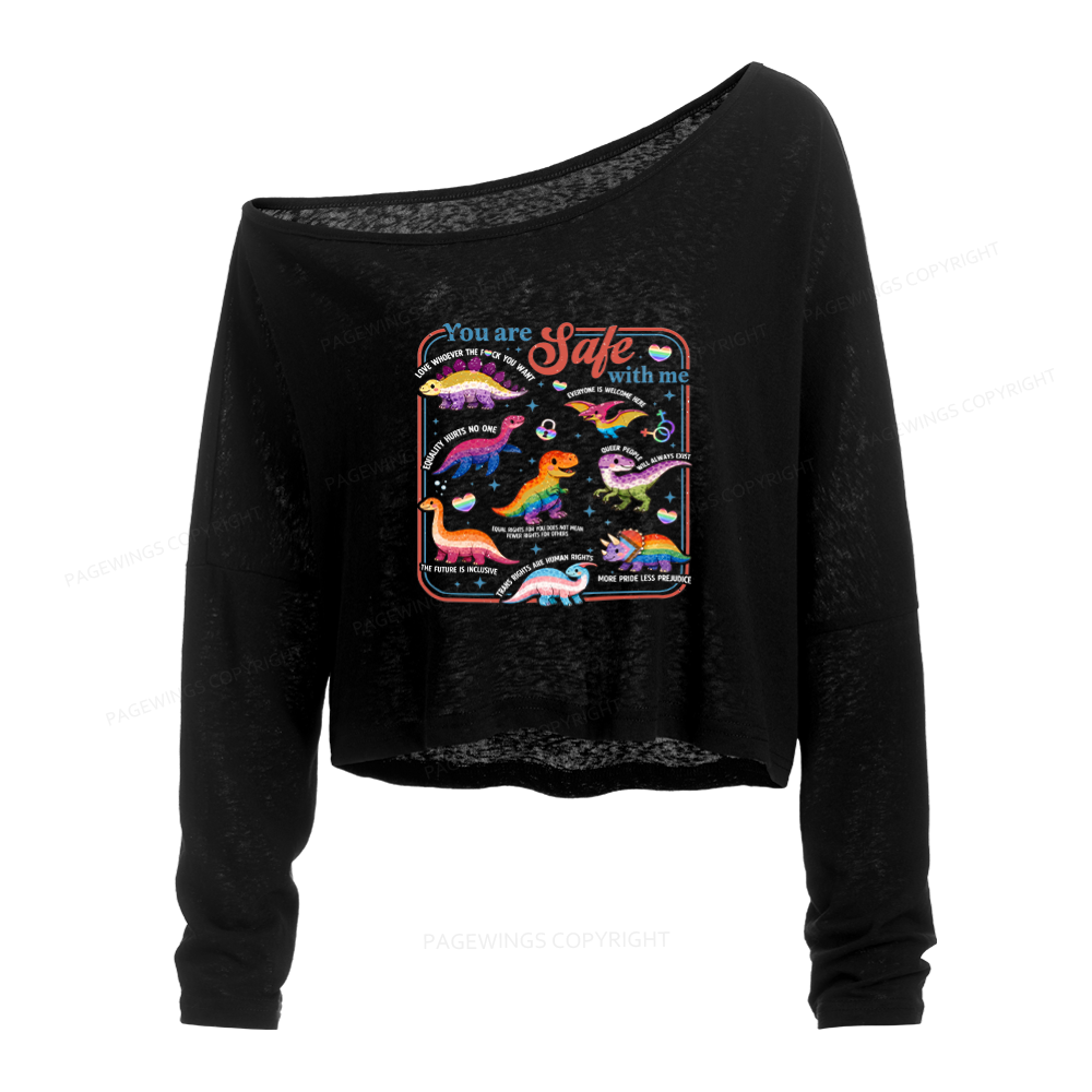 Pagewings Dinosaur Rainbow Slouchy Long Sleeve Off Shoulder T-shirts