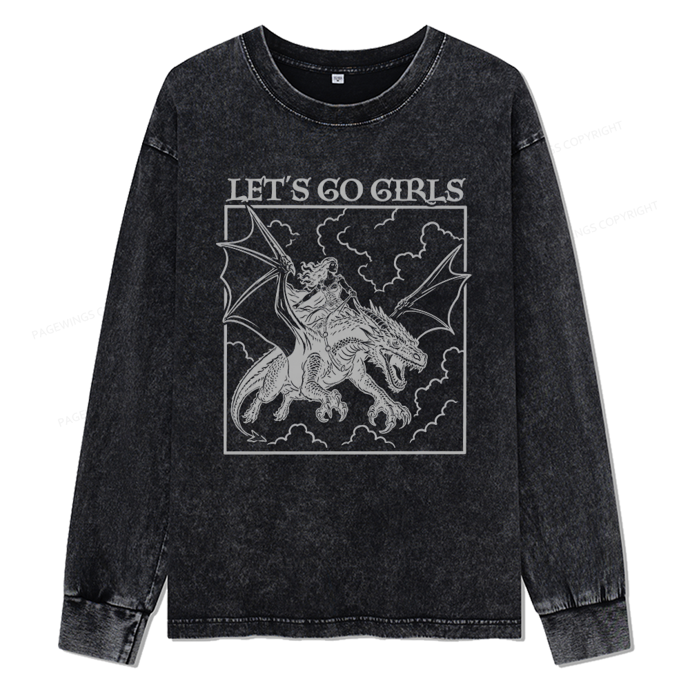 Pagewings Retro Dragon Rider Unisex Washed Long Sleeve T-shirt