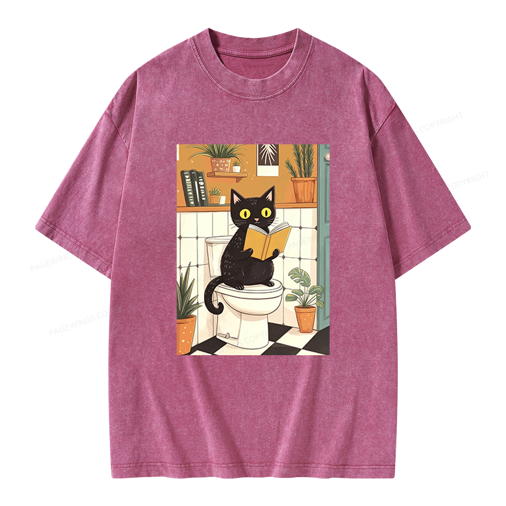 Pagewings Cat Reading on Toilet Unisex Washed T-shirt