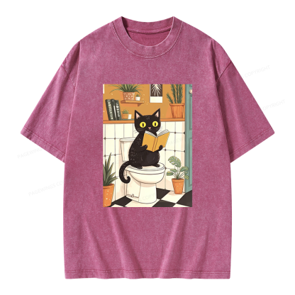 Pagewings Cat Reading on Toilet Unisex Washed T-shirt