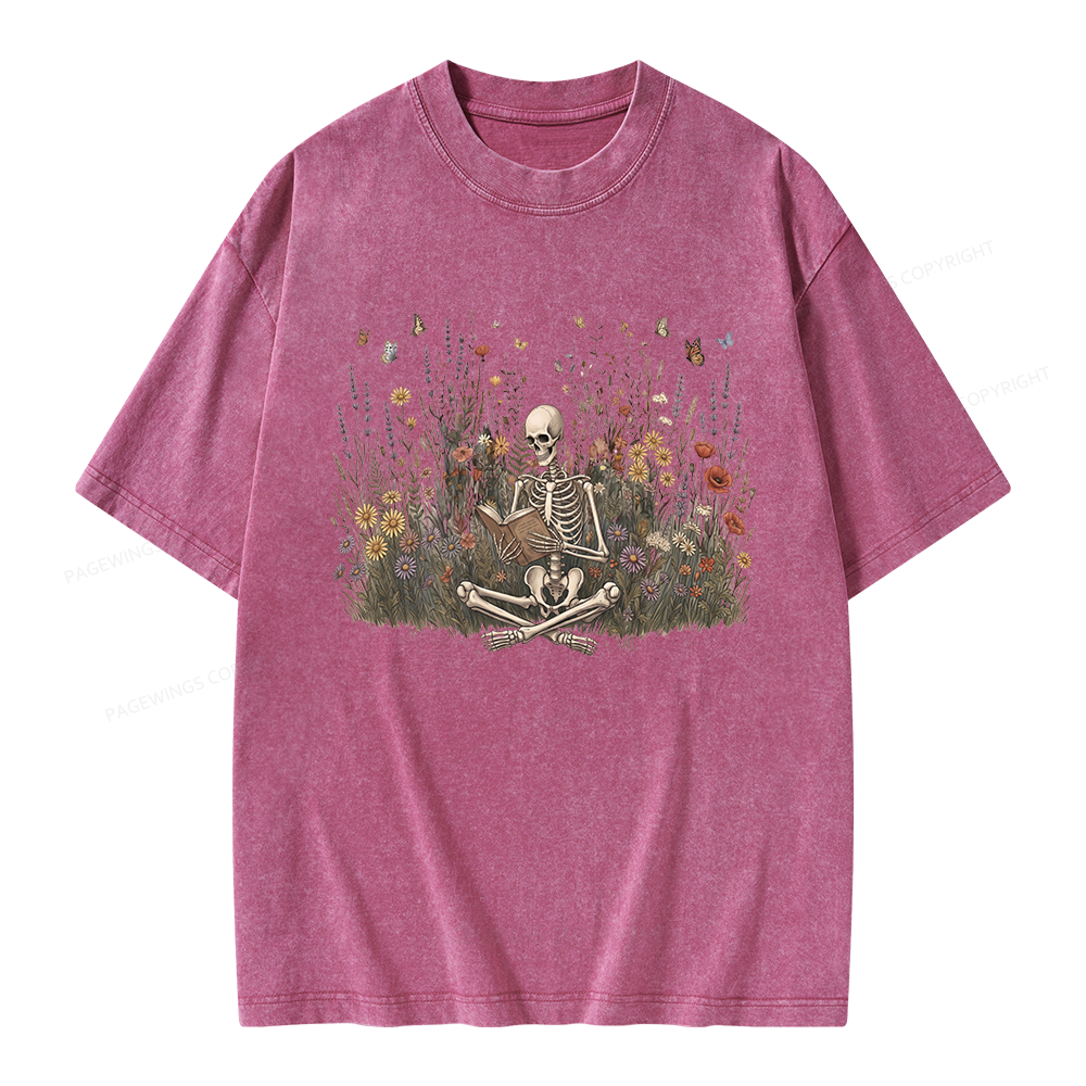 Pagewings Skeleton Reading Book Unisex Washed T-shirt