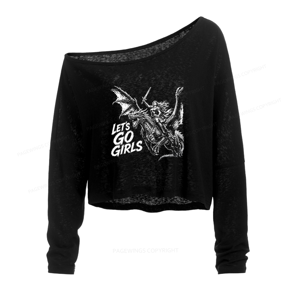 Pagewings Retro Dragon Rider Slouchy Long Sleeve Off Shoulder T-shirt