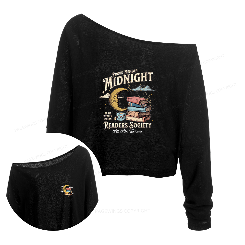 Pagewings Midnight Readers Society Slouchy Long Sleeve Off Shoulder T-shirt