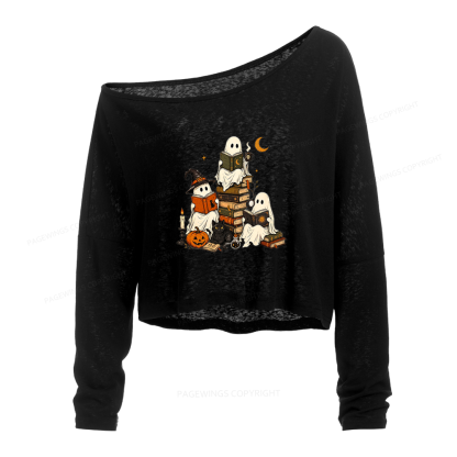 Pagewings Halloween Book Club Slouchy Long Sleeve Off Shoulder T-shirt