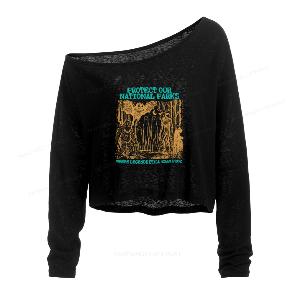 Pagewings Cryptid National Parks Slouchy Long Sleeve Off Shoulder T-shirt