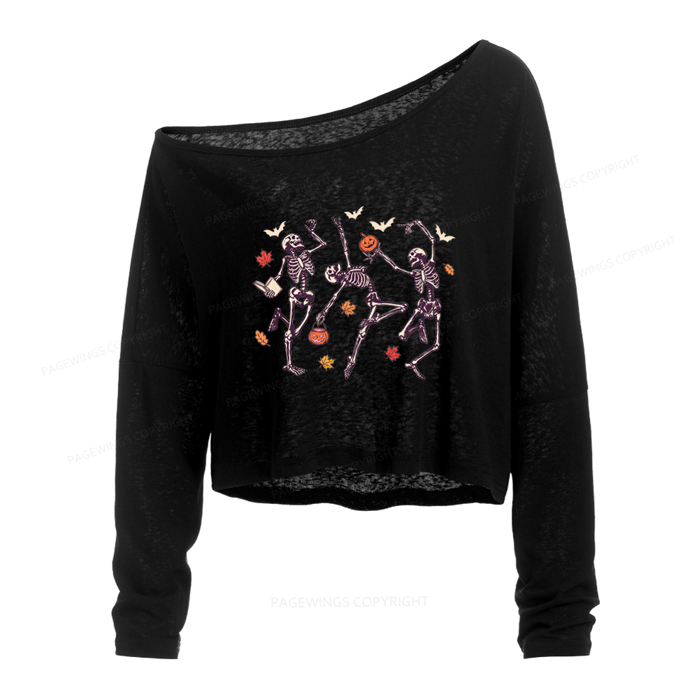 Pagewings Dancing Skeleton Slouchy Long Sleeve Off Shoulder T-shirt