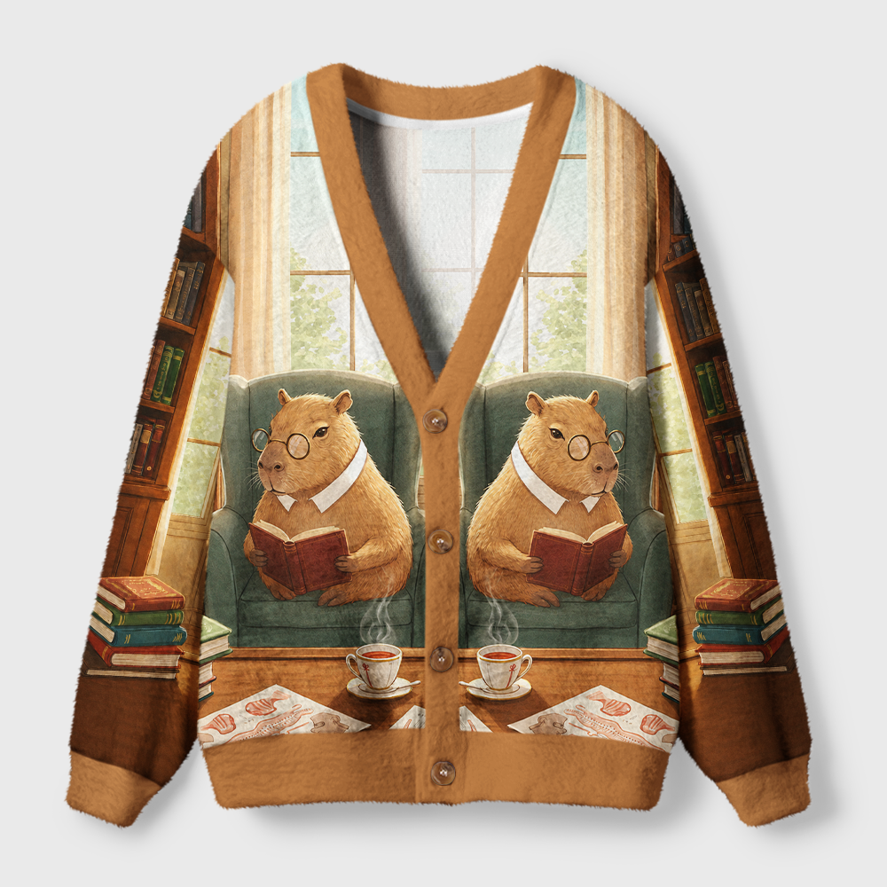 Pagewings Capybara Reading Light Knit Unisex Cardigan Sweaters